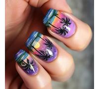 French Tips Fake Square False with Coconuts Tree Designs Full Covers Artifical Acrylic Design False