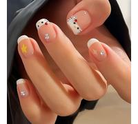 French Tips & Stars Press On Nails - 24Pcs Square Short Fake Nails with Rhinestone and Star Accents - Glossy Acrylic Stick On Nails Full Cover Nail Art Tips for Daily Wear or Parties