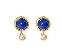 French vintage blue circle earrings soft pearl port style temperament design sense