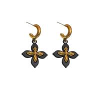 French vintage geometric C-shaped black floral earrings, unique and versatile with a high-end feel.