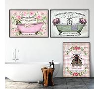 French Vintage Shabby Chic Bathtub Wall Art 3 Pieces Canvas Painting Posters Prints Bathroom Pictures Bee Pink Retro Home Decor 30Cmx40Cm No Frame