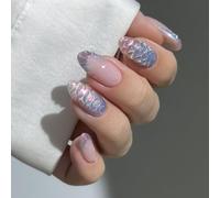 French Waves Fish Scale Design Short Almond Press On Nails Fake Nails For Women Salon ABS Construction French Blue Almond Fake Nail