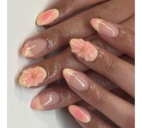 French Waves Press On Nails Beach Vacation Ready Yellow Floral Accents Comfortable Fake Nails For Social Event French Yellow Sweet Floral Press On Nail