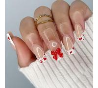 French White Glossy Heart Bows Presses on Nails 24Pcs Valentines Design for Weddings Date Non Toxic French Tip Fake Nail for Women