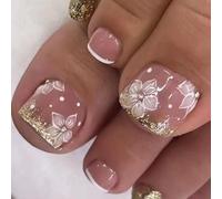 French White Tips Press on Toenails Short Square Glossy with 3D Flower Rhinestones - 24Pcs Full Cover Stick on False Toe Nails Glitter Fake Toenail Tips for Women Girls DIY Pedicure for Beach Travel