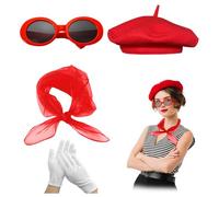 French Women Fancy Dress Costume Accessories Set French Artist Mime Kit with Beret Scarf Sunglasses Gloves for Women Girls Cosplay Party Supplies School Dress Up Day (Red)