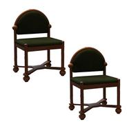 French Wood Dining Chairs Set of 2, Kitchen & Living Room, Lambswool Upholstered, Round Back Design, Solid Wood Legs, Green & Brown, Country Sle