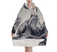 Frenchie Dog,Women's Oversized Wearable Blanket Hoodie, Blanket Sweatshirt,Flannel Pullover Blanket