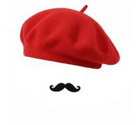 Frenchman Beret with Mustache Set for Women Men Halloween Mime Costume Cosplay French Style Beanie Caps, Red Beret+moustache, One Size