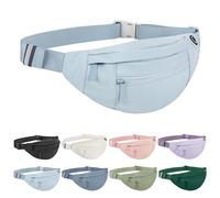 Frenou Large Waist Bag With 4-Zipper Pockets-Fanny Pack For Women And Man-Crossbody Belt Bag With Adjustable Strap For Travel Running Hiking Walking Workout Light Blue