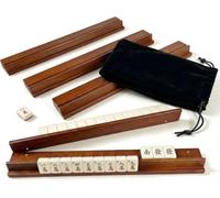 Frenou Wooden Mahjong Racks with Pushers Set of 4, 17" All-in-One Mahjong Tile Holders with Storage Bag - Perfect for Mahjong, Dominoes & Mexican Train