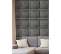 Fresco Dark Grey Wood Panelling Wallpaper | Dark Grey Panelled Wallcovering | Eco-Friendly Wallpaper