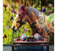 Fresh and Beautiful Garden Flower Colourful Horse 3D Wallpaper Premium Textured Silk Study Dining Living Room Bedroom Sofa TV Wall Easy Install-250cm×170cm
