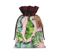 Fresh Banana Leaves Printing Color Matching Plaid Christmas Bag With Drawstring,4.7x6.9 In For Christmas Halloween