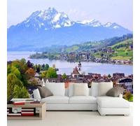 Fresh Beautiful Big Lake Nature Snowy Mountains Small Town 3D Wallpaper Textured Silk Easy Install Living Room Sofa Bedroom Dining Room Home Decoration Wall-430cm×300cm