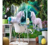 Fresh Beautiful Green Forest Waterfall White Horse 3D Wallpaper Premium Textured Silk Study Dining Living Room Bedroom Sofa TV Wall Easy Install-200cm×140cm