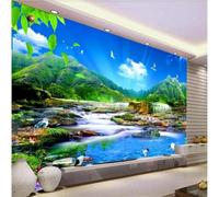 Fresh Beautiful Green Mountains Blue Sky Streams Flying Birds 3D Wallpaper Silky Texture Home Study Office Grey Dining Room Sofa Bedroom Living Room TV Backdrop-400cm×280cm