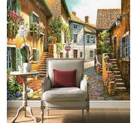 Fresh Beautiful Town Vintage Houses Pathway Flower 3D Wallpaper Silky Texture Home Study Office Grey Dining Room Sofa Bedroom Living Room TV Backdrop-150cm×105cm