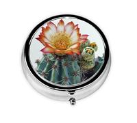 Fresh Blooming Cactus Pill Case with Mirror Retro 3 Compartment Pill Box Small Pill Organizer for Purse or Pocket Decorative Metal Medicine Vitamin Organizer Unique Gifts
