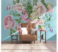 Fresh Blue Beautiful Flowers Butterflies 3D Wallpaper Easy Install Feature Office Living Room Sofa Bedroom TV Background Wall Decoration-250cm×170cm