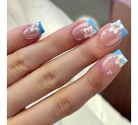 Fresh Blue French Floral Press On Nails Short Square Shape with Rhinestones 24Pcs Elegant Handmade Fake Nails for Women Acrylic Flower French Tip Design Stick On Manicure Set