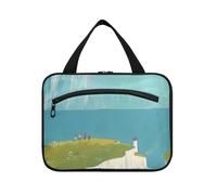 Fresh Blue Landscape Cartoon Illustration Hanging Bags for Women Toiletry with Hook, Designer Cute Make up Bags for Traveling Women Trip estuche para guardar maquillaje L