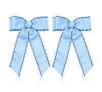Fresh Blue Ribbon Hair Bows with Navy Wavy Edge & Ribbed Texture for Ponytails, Braids, Half-Up Styles, Princess Buns & Top Knots - Long Tail Two-Piece Set for Women and Girls for Daily