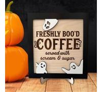 Fresh Boo'd Coffee Sign, Halloween Ghost Coffee Wooden Plaque with Stand, Funny Halloween Coffee Bar Decorations, Ghost Wooden Plaque Sign for Desktop Fireplace Book Shelf