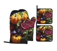 Fresh Cabbage Printing Oven Mitts and Pot Holders Sets - Heat-Resistant, Waterproof, and Durable Kitchen Baking Four-Piece Set