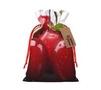 Fresh Cherry Printed Christmas Drawstring Bags Reusable Bag for Party Xmas Gift Wrapping, Red Ribbon, M