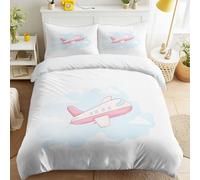Fresh Childlike Aeroplanes Clouds Simple Elements Duvet Cover Set Double 200 x 200 cm, White Bedding Set Bed Linen for Children's Boys' Bedroom, Soft Touch Microfibre with 2 Pillowcases