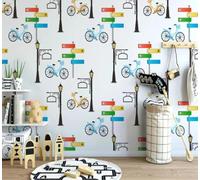 Fresh Colourful Cartoon Signpost Streetlight Bicycle 3D Wallpaper Silky Texture Home Study Office Grey Dining Room Sofa Bedroom Living Room TV Backdrop-350cm×256cm