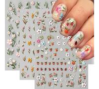 Fresh & Cute 3D Nail Art Stickers, Set of 3 Sheets Multi-Design Flower, Strawberry, Bee & Ladybug Decals, Create Lively Summer Manicures, Salon Quality DIY Nail Decoration for Girls & Women