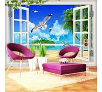Fresh Elegant Elegant Beautiful Hand Drawn Coloured Feathers Beach Coconut Tree Space Extension 3D Wallpaper Luxury Home Dining Decor Paste Sofa Living Room The Wall For Bedroom Mural-300cm×210cm