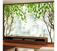 Fresh Elegant Green Leaves Small Trees Geometric Patterns 3D Wallpaper Premium Textured Silk Study Dining Living Room Bedroom Sofa TV Wall Easy Install-350cm×256cm