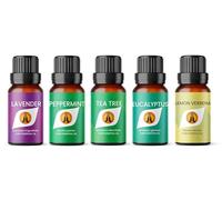 Fresh Essential Oil Set for Diffuser | Lavender, Peppermint, Lemon Verbena, Tea Tree & Eucalyptus 5 x 10ml | for Home Aromatherapy, Gift for Him/Her, Candle Making, Soaps, Wax Melts