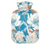 Fresh Floral Pattern White Blue Art Deco Style Cute hot Water Bottle with Soft Cover, 1L hot Water Bags for Menstrual Cramps, Pain Relief, Bolsa para cólicos menstruales