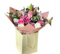 Fresh Flower Bouquet Pink Roses Lilies, Orchids Hand-Tied
