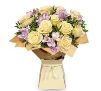 Fresh Flowers Bouquet - Hand-Tied White & Lilac Arrangement Flower Box with Roses, Freesia & Foliage | Birthday Flowers for Women, Mother's Day, Get Well, Thank You | UK Delivery | All Occasions