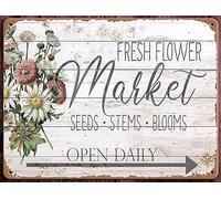 Fresh Flowers Market Vintage Old Country Farmhouse Aluminum Tin Sign Metal Wall Art Decorations Iron Painting for Indoor Outdoor Home Decor Room Door Accessories Poster Housewarming Gifts 5.5"x8"