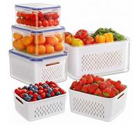 Fresh Food Storage Containers for Fridge - 3 Pack Fridge Storage Container with Drain Baskets - 4 In 1 Airtight Vegetable Storage Container for Salad Fruit Vegetables Meat Keeper Fresh (Blue)