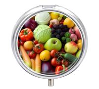 Fresh Fruits and Vegetables Pill Box - 3 Compartment Travel Pill Organizer with Small Mirror, Portable Pillcase for Pocket & Purse, Cute Round Medicine Case, Weekly Medicine Container