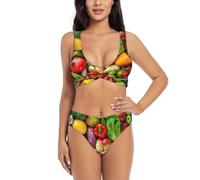 Fresh Fruits and Vegetables Print Fashionable Sporty Bikini Set Women Swimwear Beach Vacations Summer Pool Parties Black