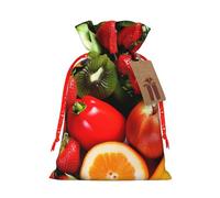 Fresh Fruits and Vegetables Printed Christmas Drawstring Bags for Xmas Gift Wrapping, Red Christmas Ribbon, M