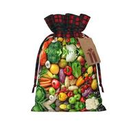 Fresh Fruits and Vegetables Printed Gift Bags with Drawstring - Christmas Party Holiday Sacks - Festive Pouches for Goodie, Treats