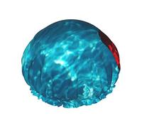 Fresh Garden Rose On The Blue Water Printing Shower Cap Elastic Reusable Women Bathing Hair Cap Double Layer Waterproof Shower Cap,For Ladies Spa Salon