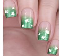 Fresh Grass Green Ombre Press On Nails with French Style Clover Design - 24PCS Short Square False Nails for Women, Easy Application and Long-Lasting Wear for Daily Use and Special Occasions
