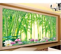 Fresh Green Bamboo Grove Pink Lotus 3D Wallpaper Textured Silk Easy Install Living Room Sofa Bedroom Dining Room Home Decoration Wall-400cm×280cm
