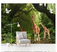 Fresh Green Forest Flying Birds Giraffe 3D Wallpaper Premium Textured Silk Study Dining Living Room Bedroom Sofa TV Wall Easy Install-250cm×170cm