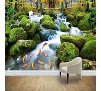 Fresh Green Goldfish Woods Waterfall 3D Wallpaper Silky Texture Home Study Office Grey Dining Room Sofa Bedroom Living Room TV Backdrop-250cm×170cm